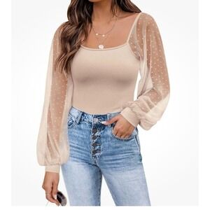 Dorose Beige Ribbed Square Neck Top Sheer Swiss Dot Mesh Long Sleeve XL NEW